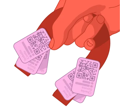 Illustration of two hands exchanging pink cards with QR codes and names printed below the codes.