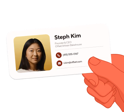 Business card held by a hand featuring a photo of Steph Kim, Founder & CEO of Offset Artisan Bakehouse, with contact information including a phone number and email address.