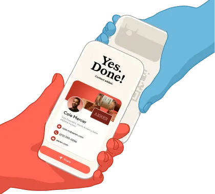 Illustration of a hand with red skin tone handing over a white bottle labeled 'Yes, Done! Contact Stock' to a blue-skinned hand, with a visible contact card on the bottle showing a profile picture, the name Cole Mercer, and contact details.