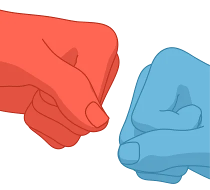 Two stylized fists bumping, one red on the left and one blue on the right, symbolizing a fist bump gesture.