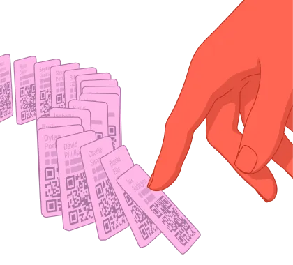 Illustration of a hand pushing a line of pink domino cards each featuring a QR code and a name.
