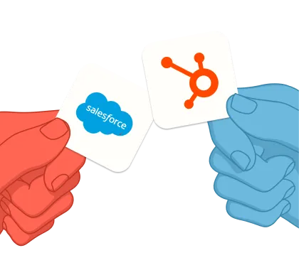 Illustration of two stylized hands holding squares with logos, the left hand in red holding the Salesforce logo and the right hand in blue holding the HubSpot logo.