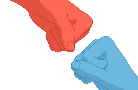 Illustration of two fists bumping, one hand red and the other blue, symbolizing a friendly gesture or agreement.