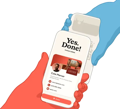 Two hands, one blue and one red, holding a smartphone displaying a contact card for Cole Mercer with the heading 'Yes. Done!' and contact details including email, phone, and website, plus a photo of a man and an image of a perfume bottle labeled 'AERIN'.