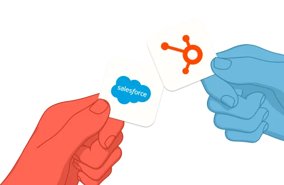 Two stylized hands, one red and one blue, each holding a square icon; the red hand holds a Salesforce logo and the blue hand holds a HubSpot logo, positioned against a white background.