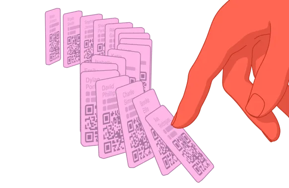 Illustration of a hand tipping a series of pink domino-like cards arranged in a cascading sequence, each card displaying QR codes and text.