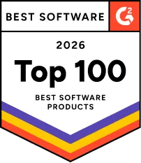 Badge stating 'Best Software 2026 Top 100 Best Software Products' with G2 logo in top right corner and multicolored chevron design at bottom.