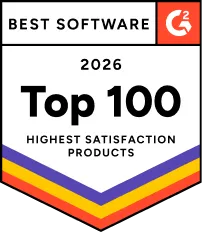 Badge titled Best Software with G2 logo, labeled 2026 Top 100 Highest Satisfaction Products, featuring layered chevrons in purple, orange, red, and yellow at the bottom.