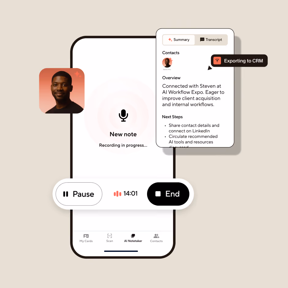 Smartphone screen showing an AI notetaker app recording a new note with a timer at 14:01, pause and end buttons; a small window displays a summary of connected contacts, an overview of client acquisition goals, next steps like sharing contact details and AI tool recommendations, with a label saying Exporting to CRM.