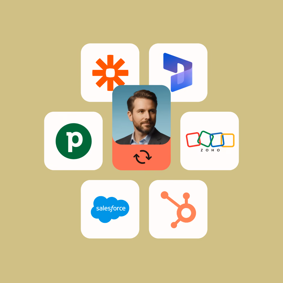 Icons of six software platforms arranged around a central image of a man in a suit with a sync symbol below him, indicating integration or connection. The software logos include Zapier, Microsoft Dynamics, Zoho, Pipedrive, Salesforce, and HubSpot on a beige background.