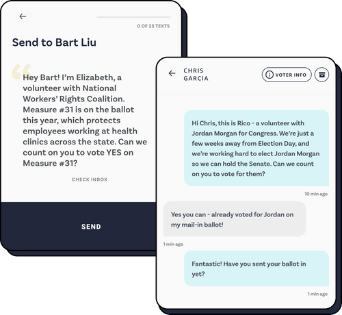 An image of a sample Peer-to-Peer action hosted on the Impactive mobile app. The action is named "Text Voters about the Voter Suppression Bill," and the button reads "Start Texting".