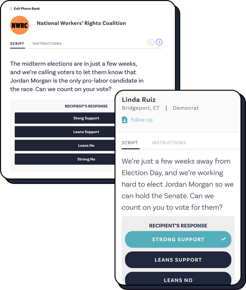 An image of a sample Peer-to-Peer action hosted on the Impactive mobile app. The action is named "Text Voters about the Voter Suppression Bill," and the button reads "Start Texting".