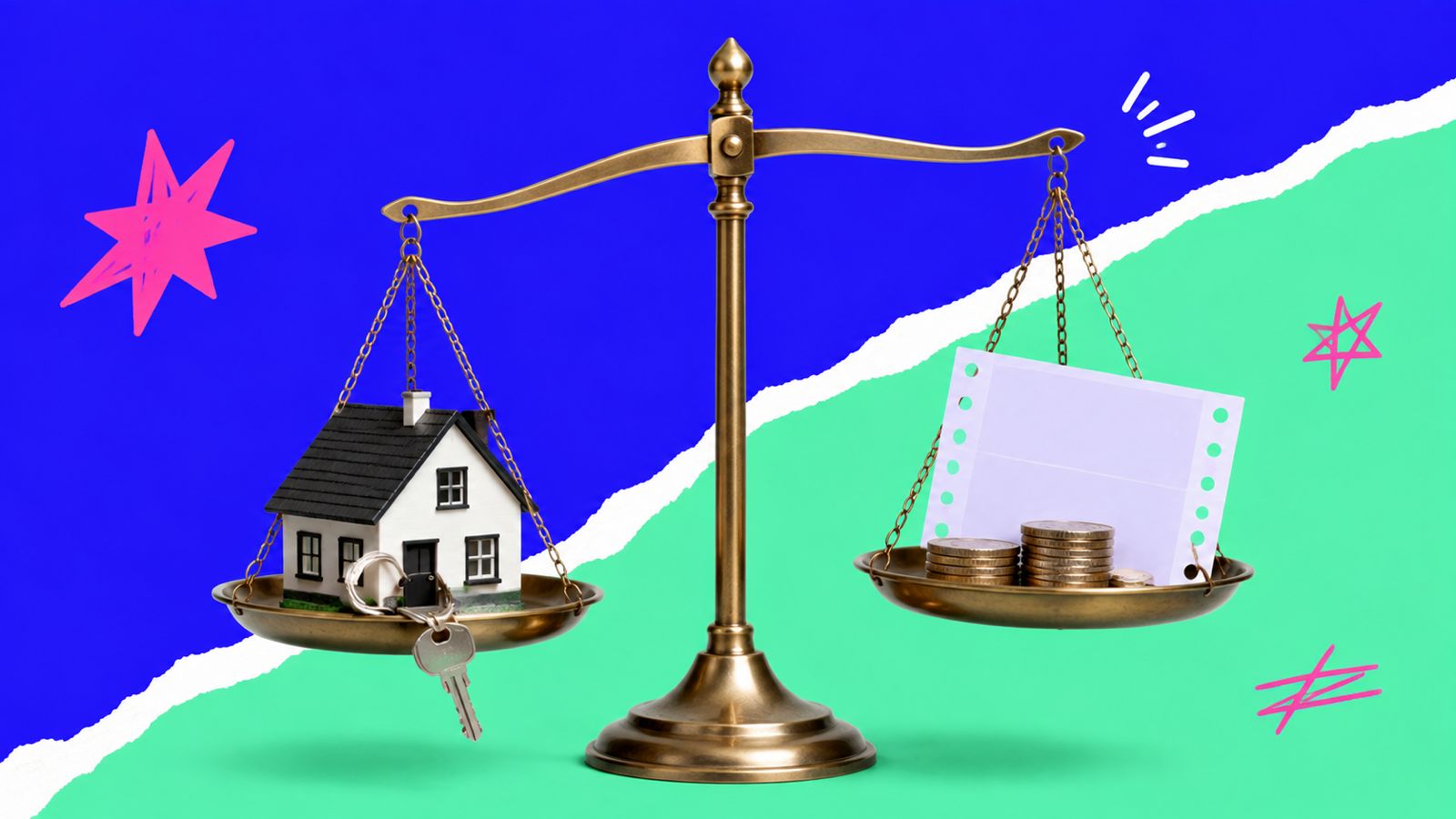 Bilancia che pesa una casa da un lato e dei soldi dall'altro, simbolo di equità tra stipendi diversi