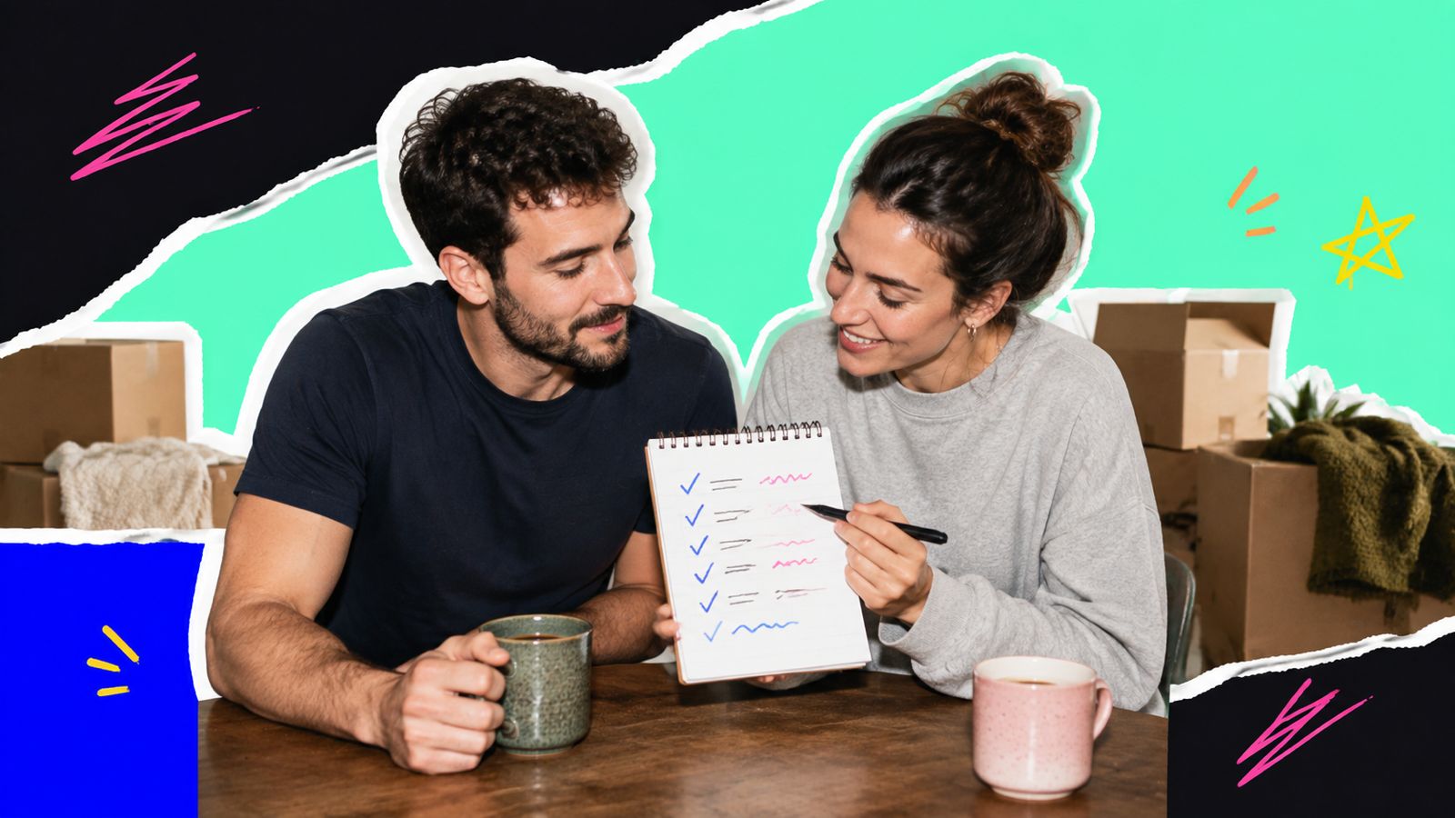 Coppia che fa una checklist tra le scatole del trasloco per organizzare la convivenza