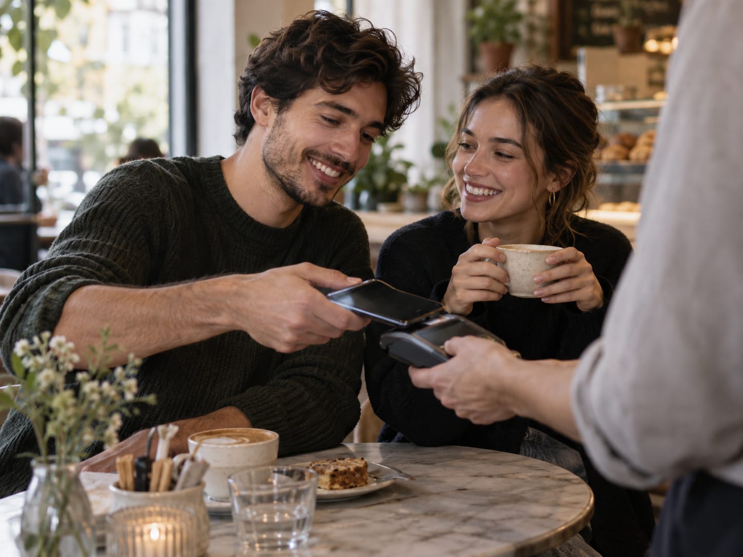 Coppia che paga con il telefono al tavolo di un caffè, esempio di carta condivisa per le spese di coppia