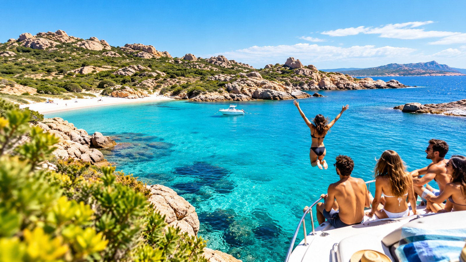 Friends at a beach in Sardinia with clear turquoise water