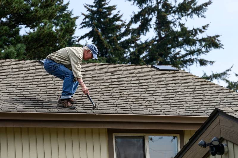 Man inspecting roof shingles.