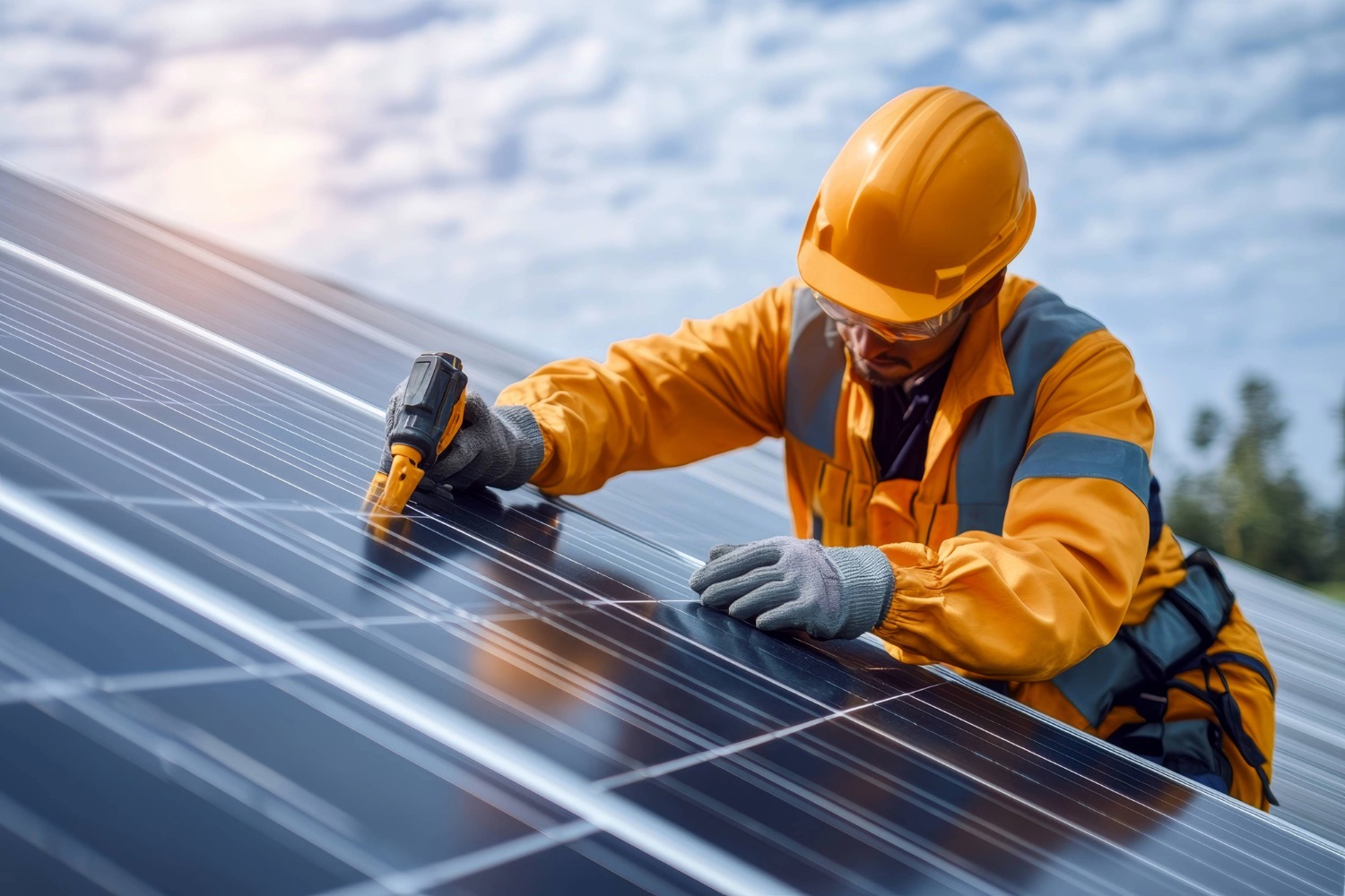 Worker installing solar panels