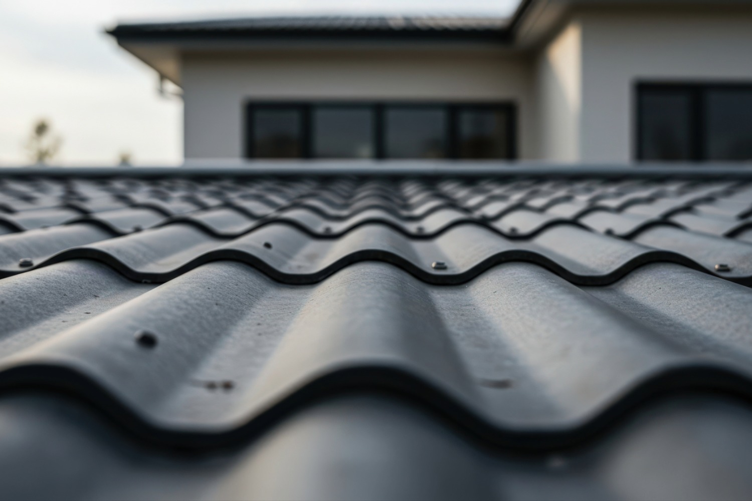 Close-up of a wavy metal roof with blurred house in the background.
