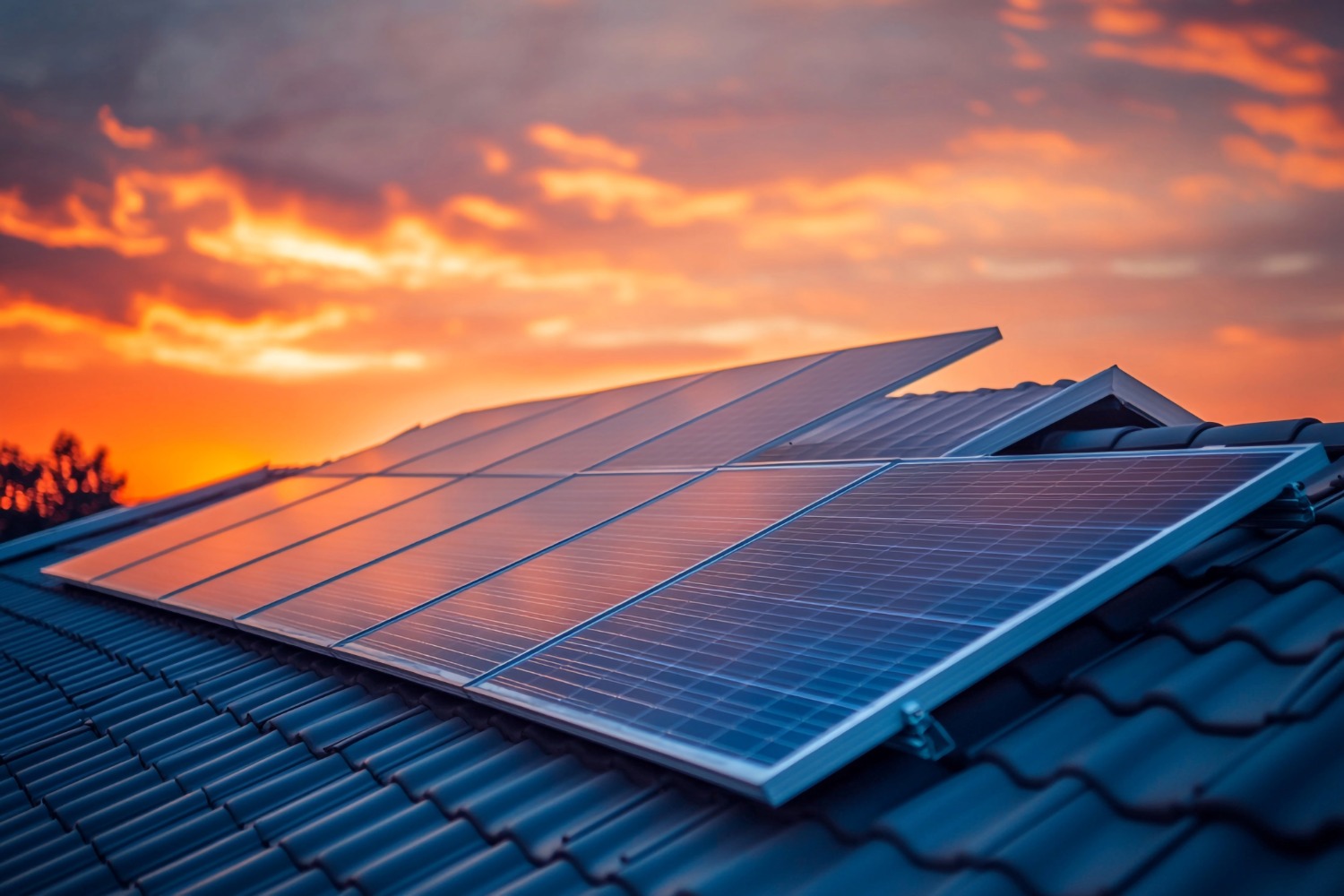 Solar panels on rooftop at sunset.