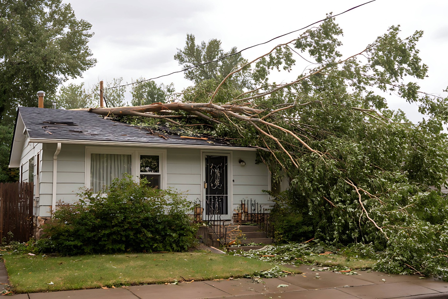 Fallen tree on house roof, storm damage.
