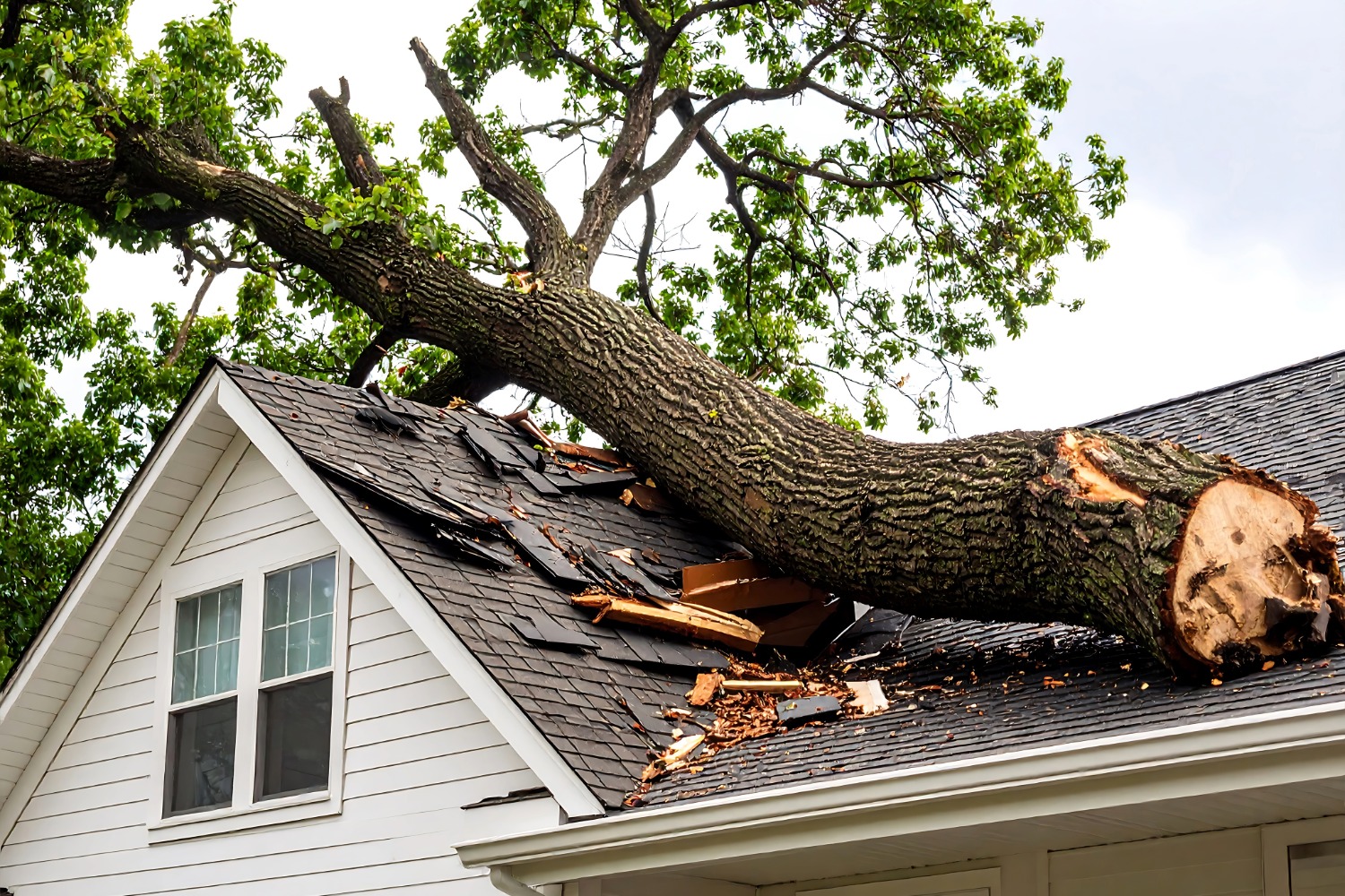 Tree fallen on house roof, causing damage.