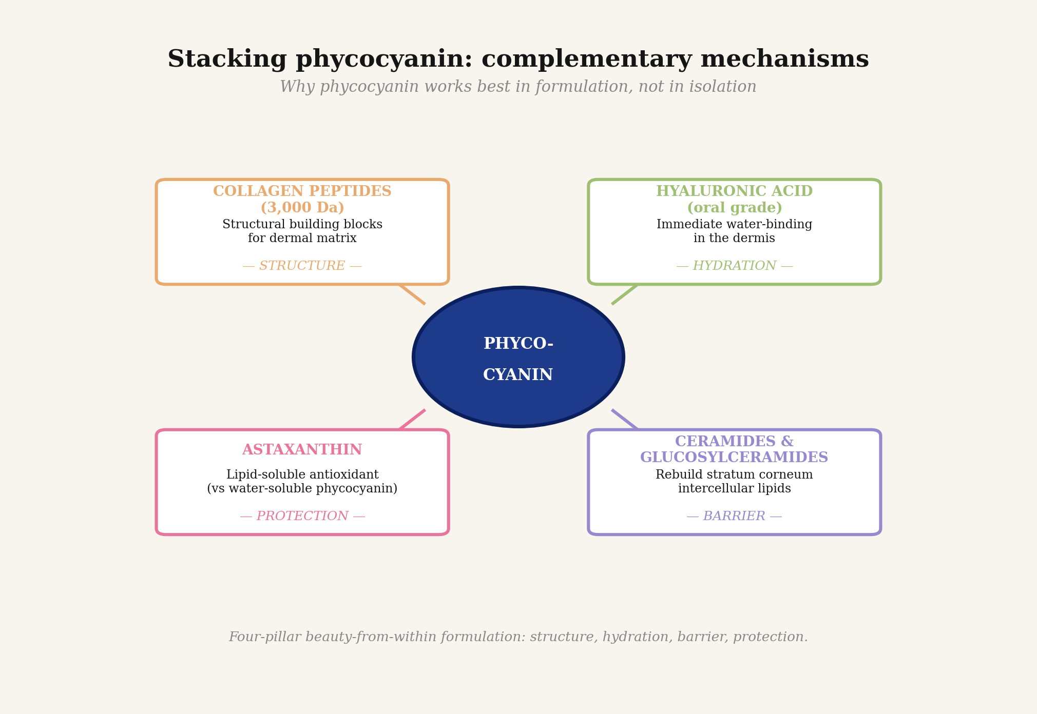 Stacking phycocyanin with collagen peptides, hyaluronic acid, ceramides, and astaxanthin for beauty-from-within formulations