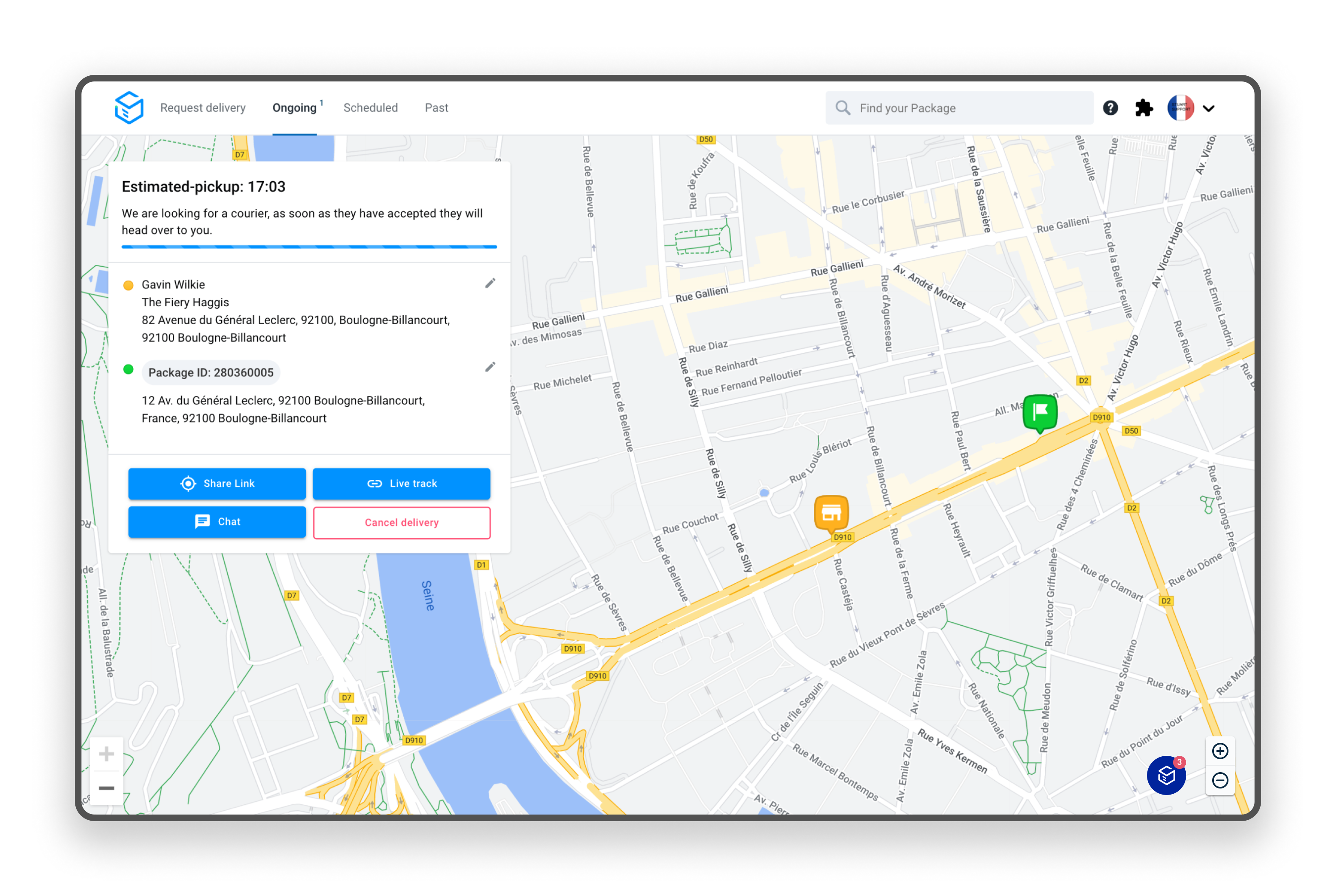 Shows the initial map and screen that a client would see.