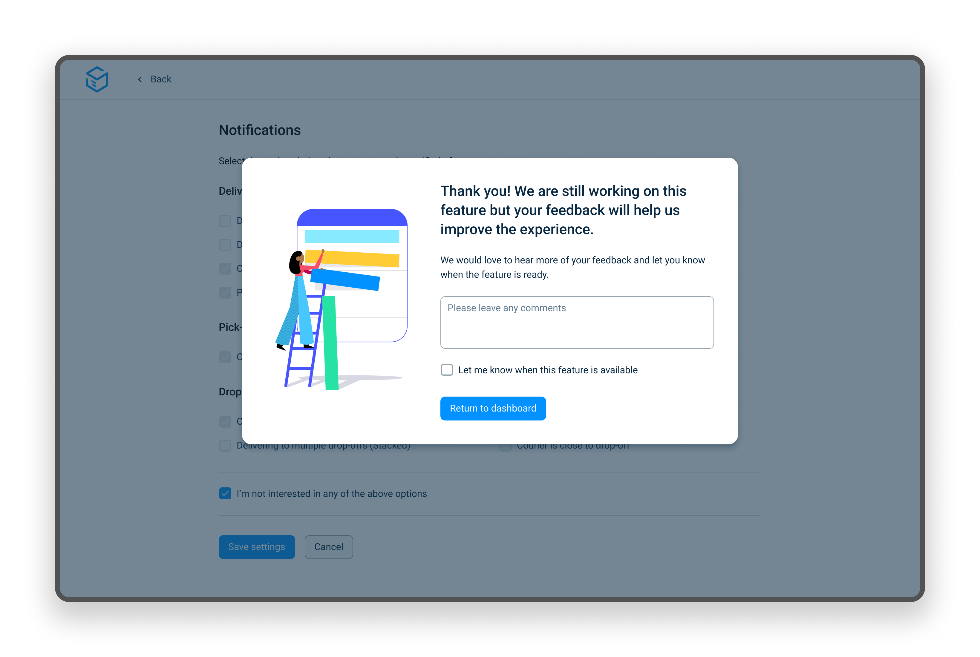 Message displayed after the client has made a selection and saved them. We inform the client that this was an experiment.