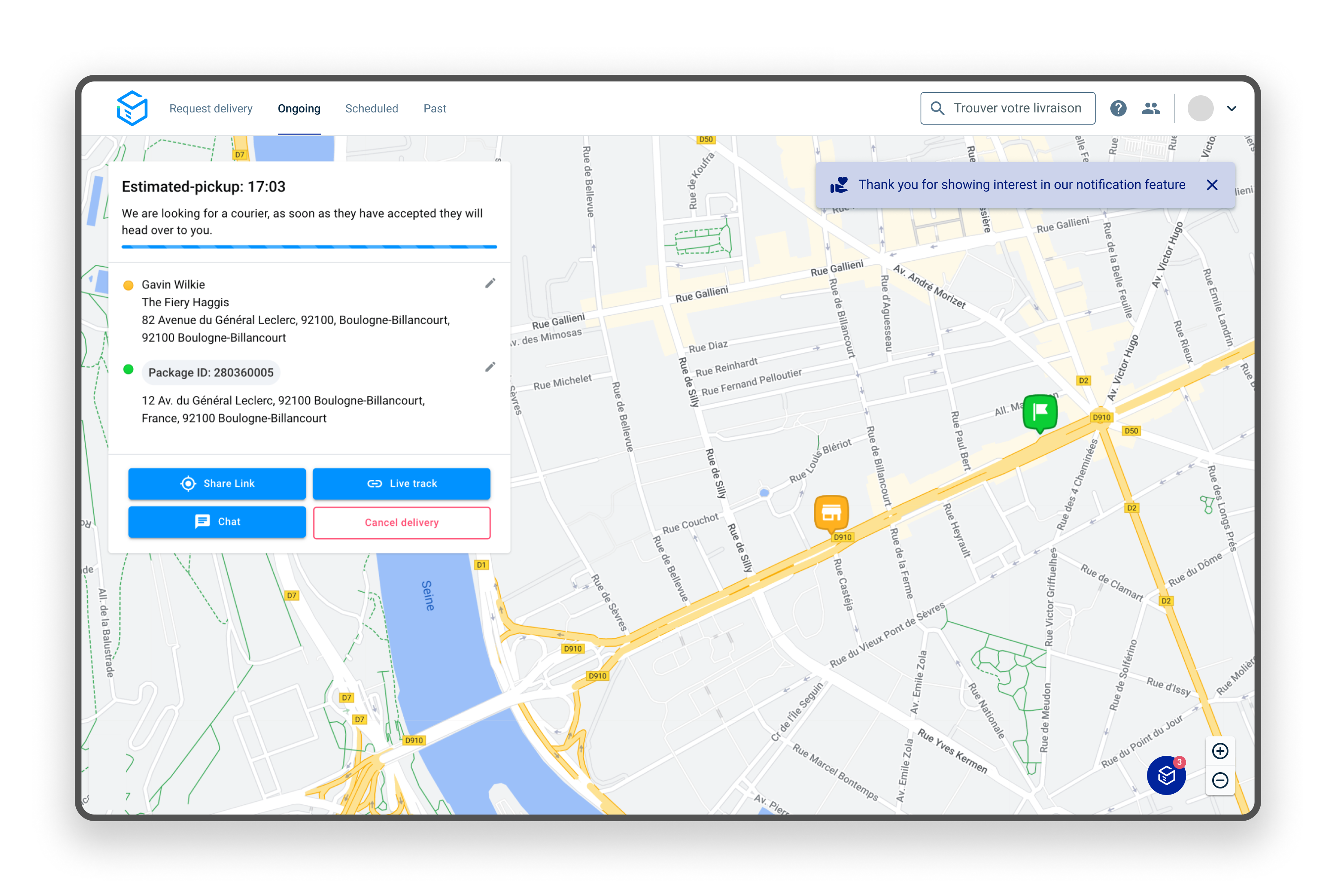 Screen shows a thank you message to the client once they have submitted their feedback or comments.