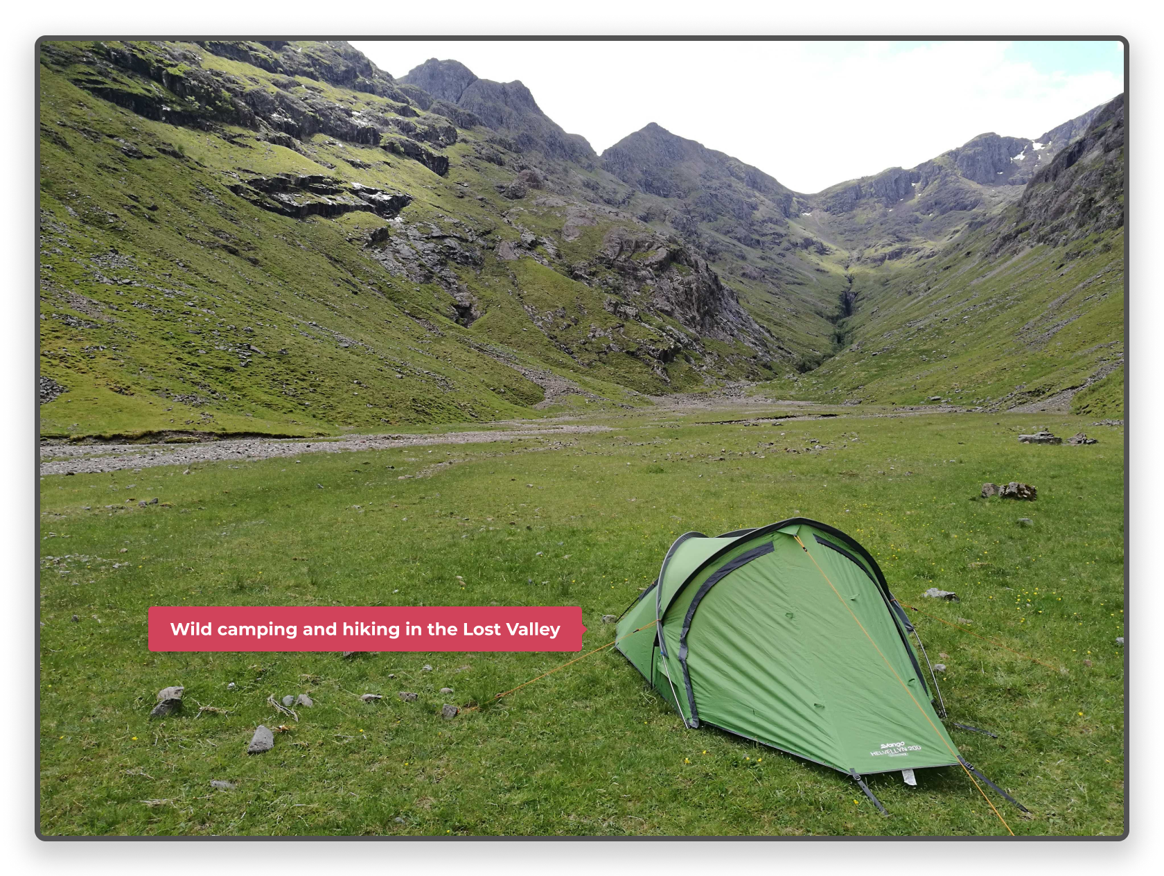 A picture of my tent sitting in the lost vally of Glencoe in Scotland. The rugged mountains surrounding the green valley where my tent is pitched.