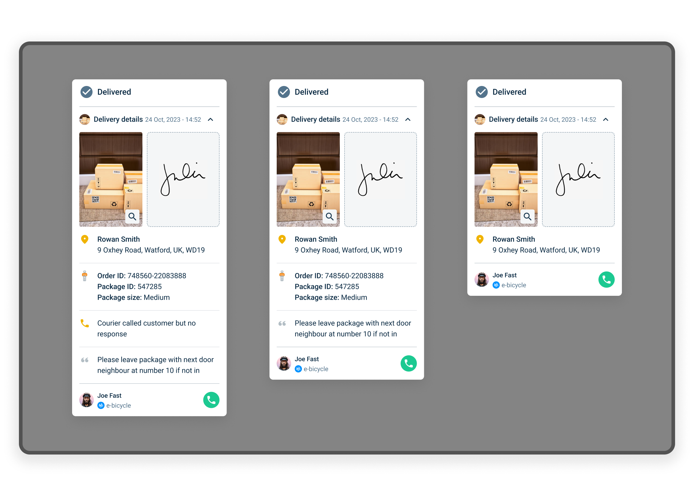Image showing the initial concept design amends. Adding in a photo to show the package has been delivered. Showing the customer signature to show it has been signed for. Adittional information such as Order ID and any comments left for the courier.