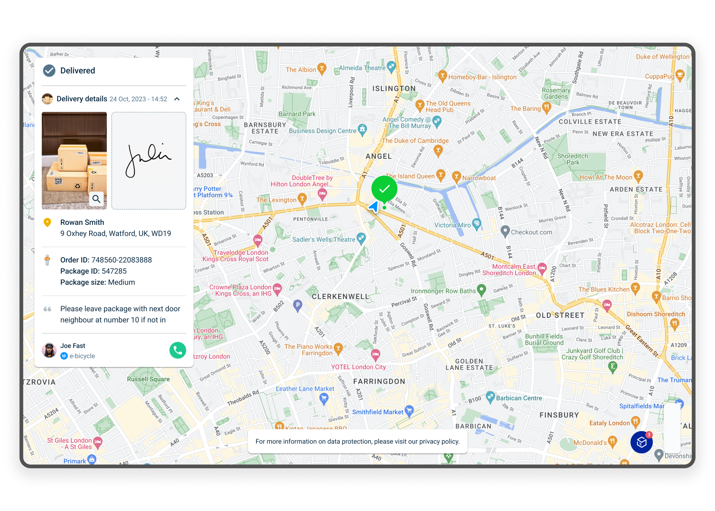 Card displaying the new UI and information. Image of the package delivered. Customers details and any comments left to inform the courier or restaurant.