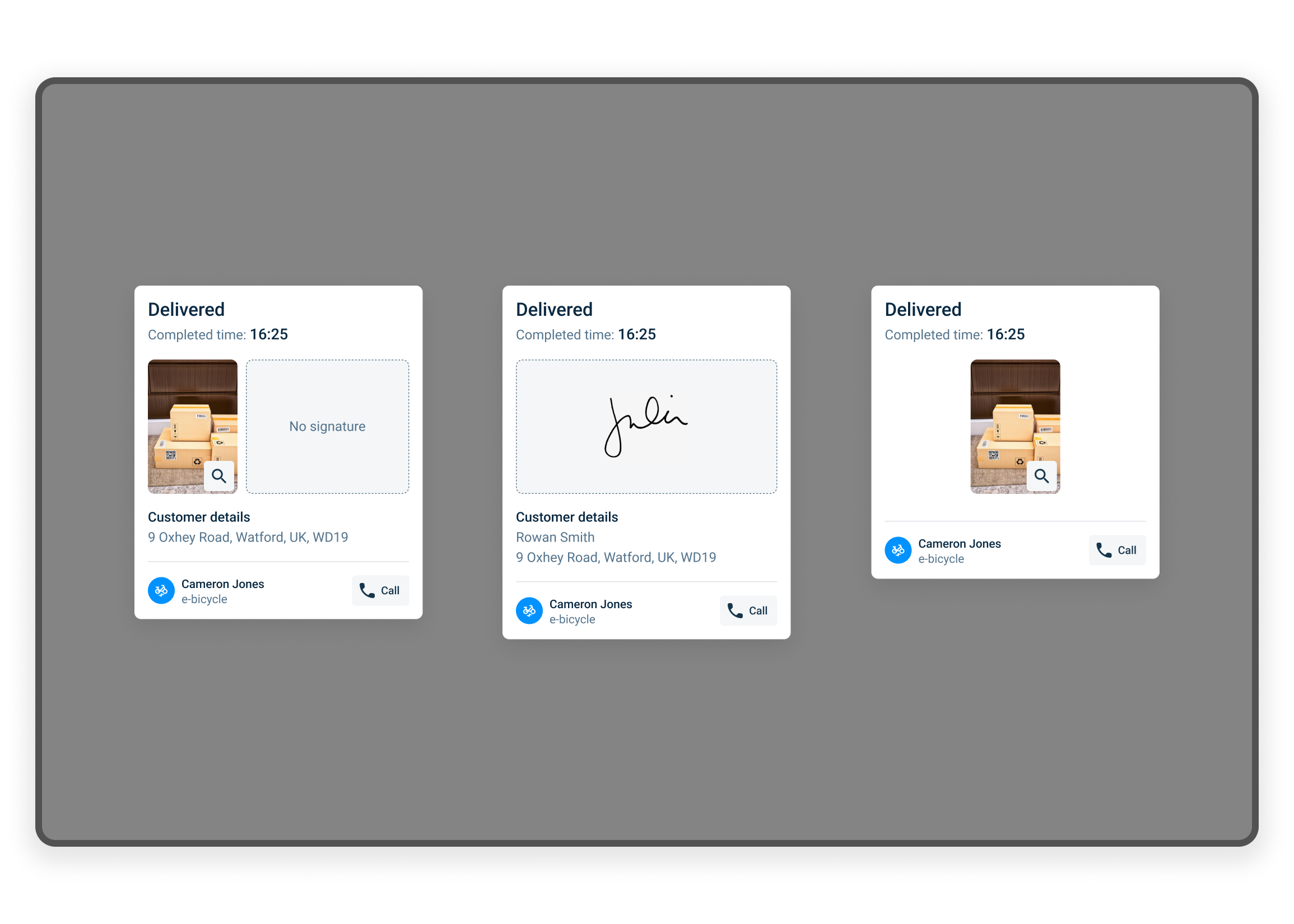 Image showing the initial concept design amends. Adding in a photo to show the package has been delivered. Showing the customer signature to show it has been signed for. Adittional information such as Order ID and any comments left for the courier.