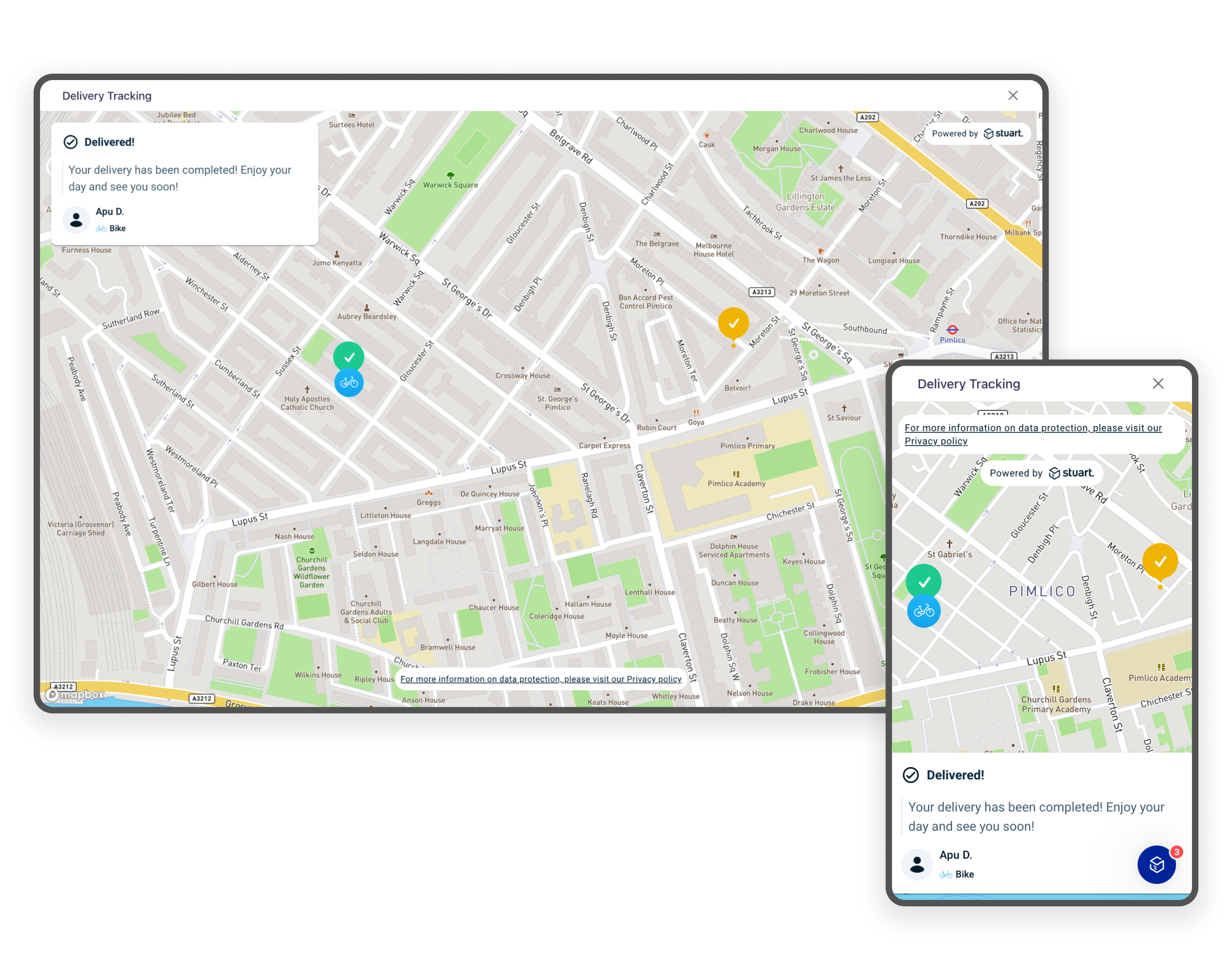 Screens showing how the map and information is displayed to the restaurant. There is very little information to show that the package was delivered properly or proof of delivery.