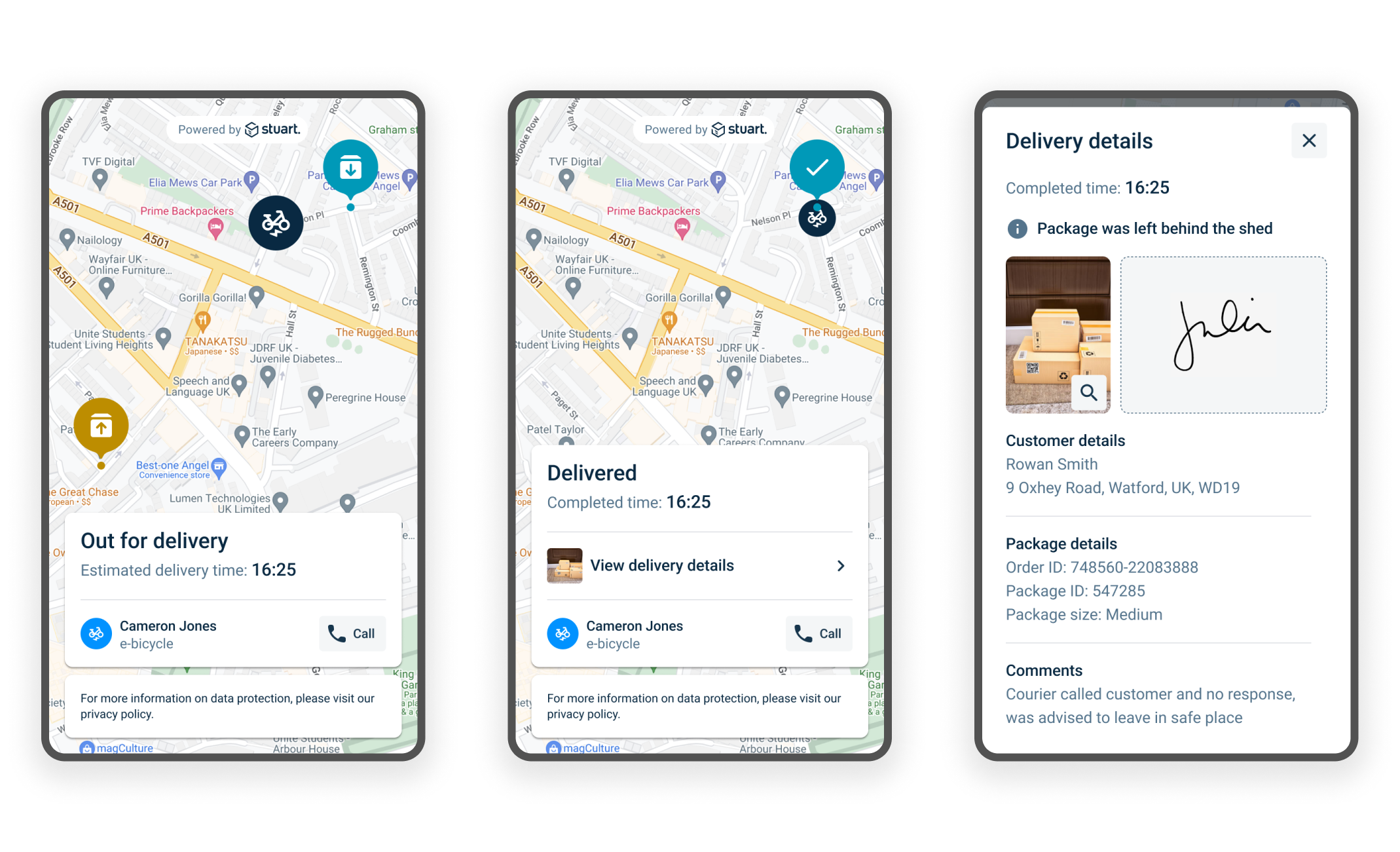 Card displaying the new UI and information. Image of the package delivered. Customers details and any comments left to inform the courier or restaurant.