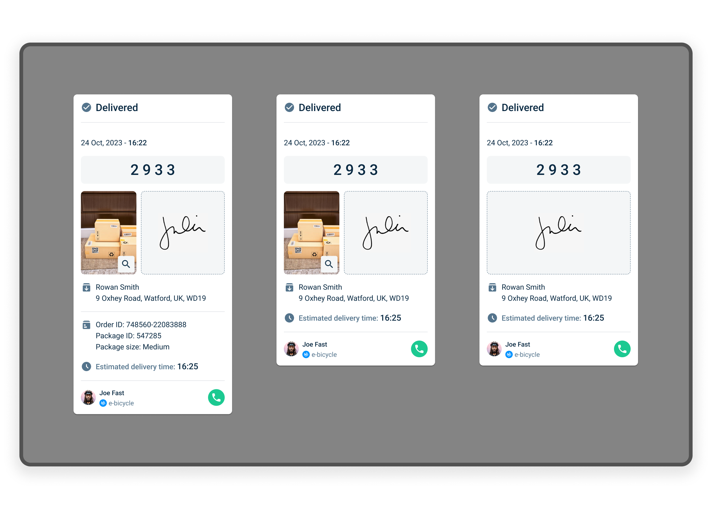 Image showing the initial concept design amends. Showing how we could add a code for the customer. The customer would give this code to the courier. If correct code then we can indicate that the package has been successfully delivered.