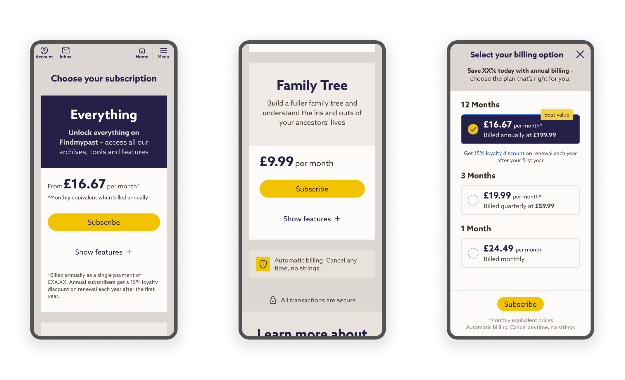 Screen showing the selection that the client can select from to be notified of.