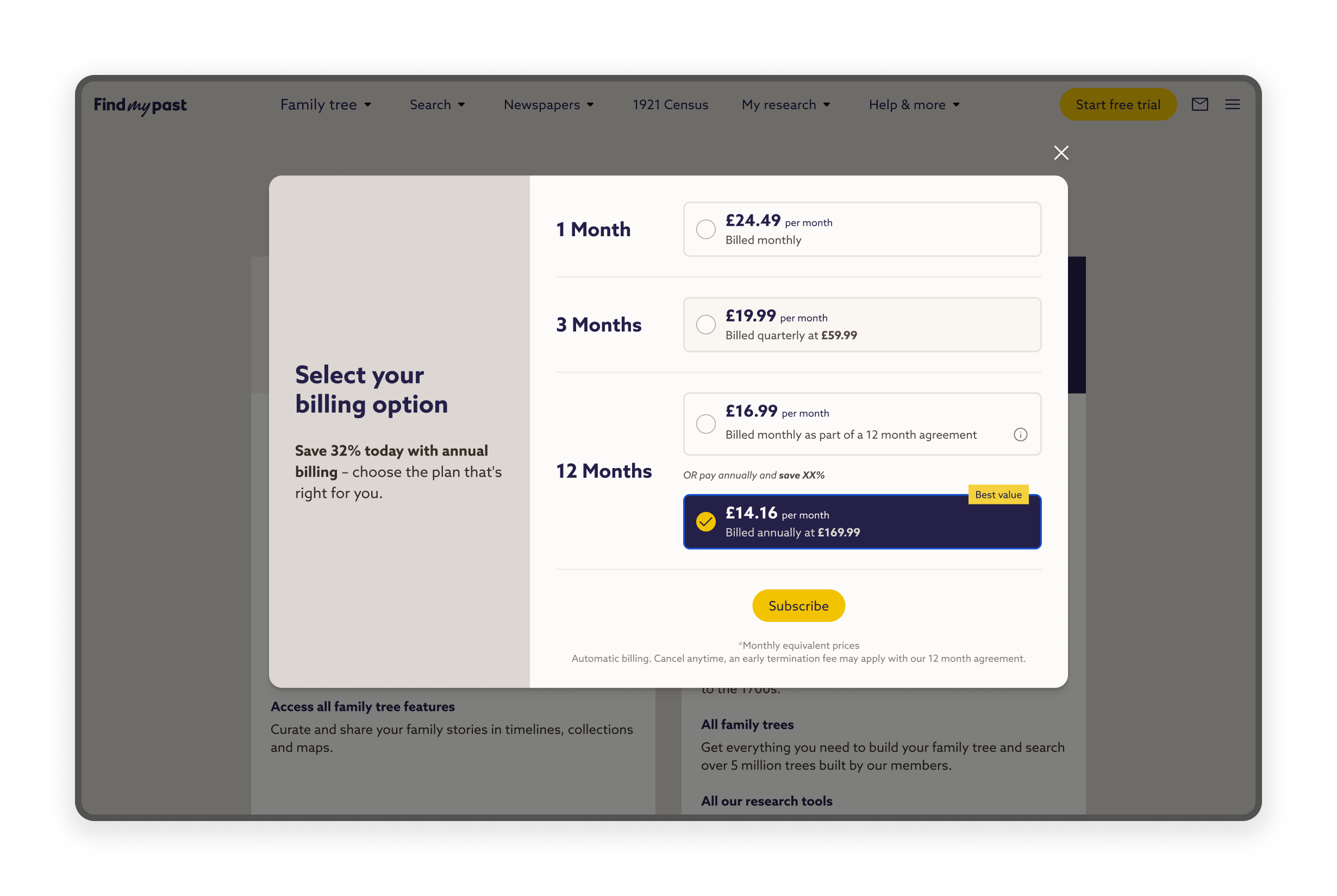 Screen showing the selection that the client can select from to be notified of.