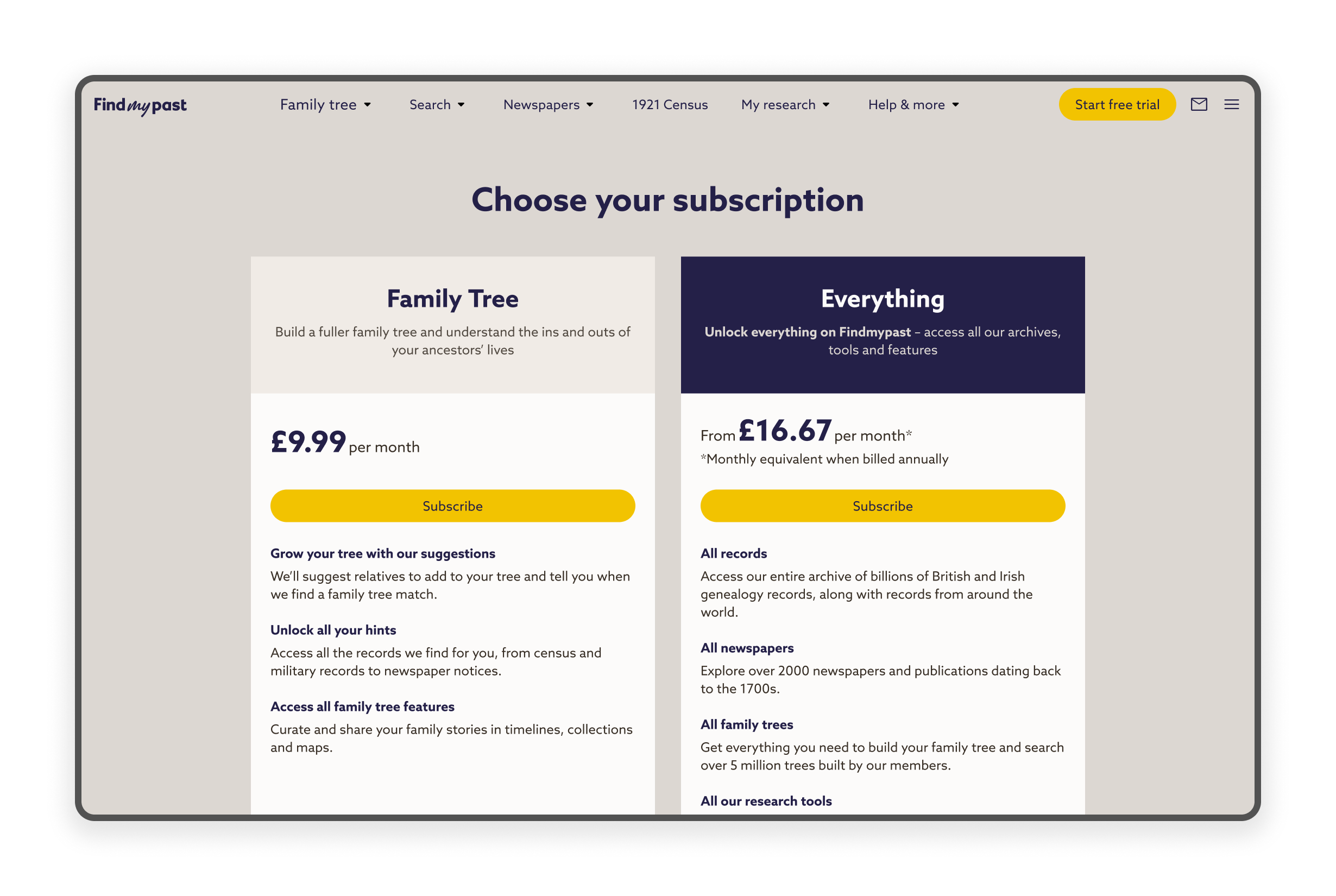 Screen showing the selection that the client can select from to be notified of.
