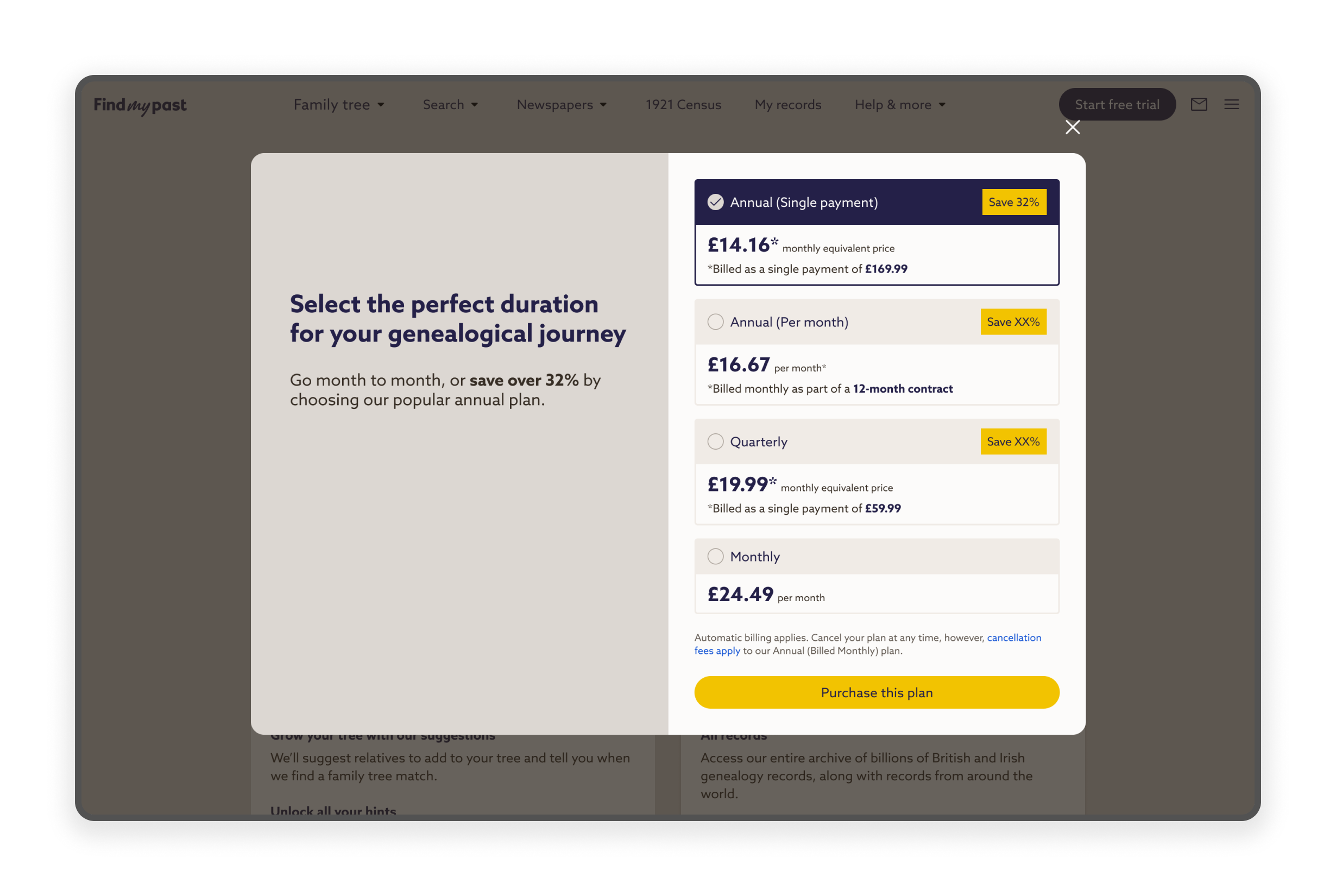 Screen showing the selection that the client can select from to be notified of.