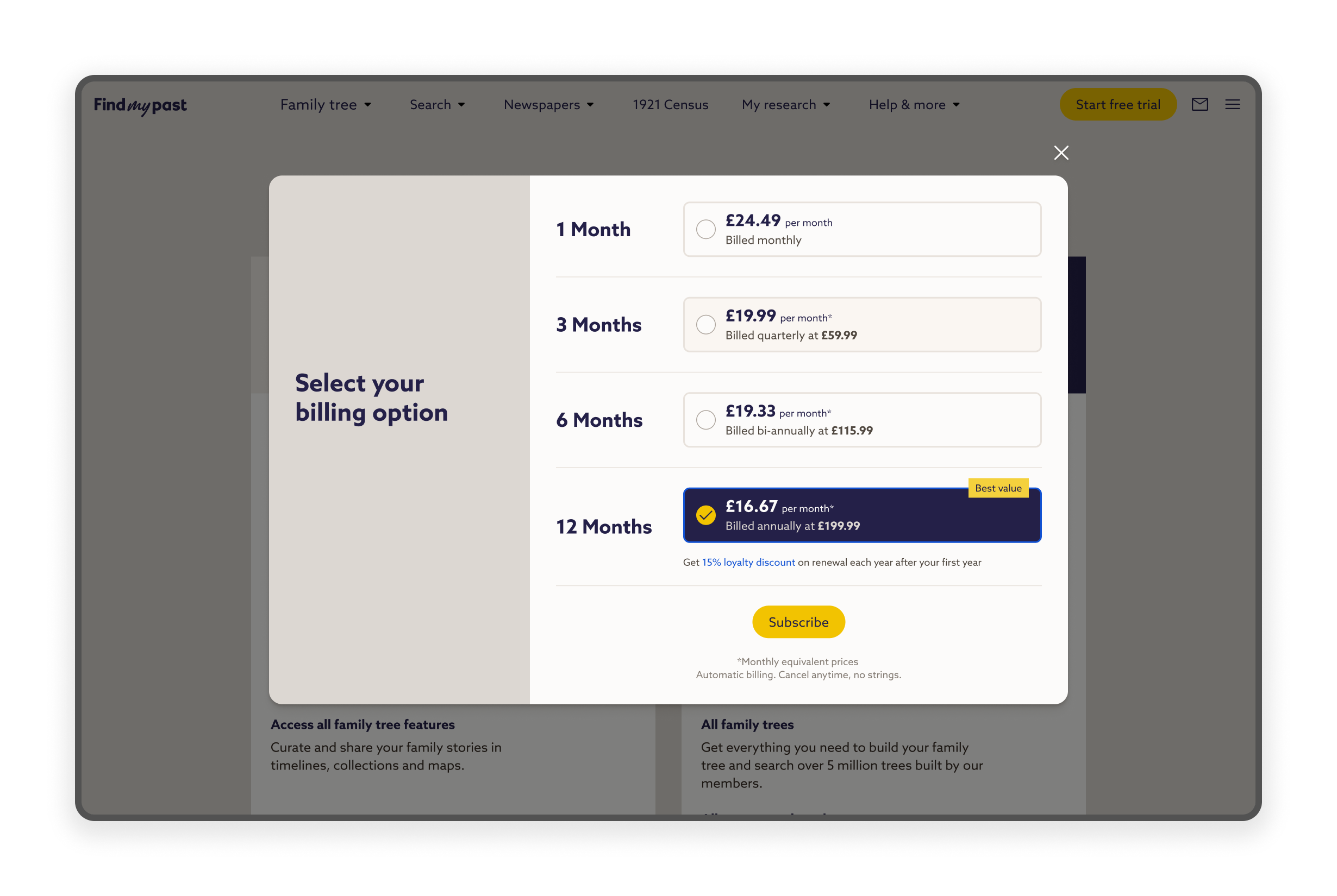Screen showing the selection that the client can select from to be notified of.