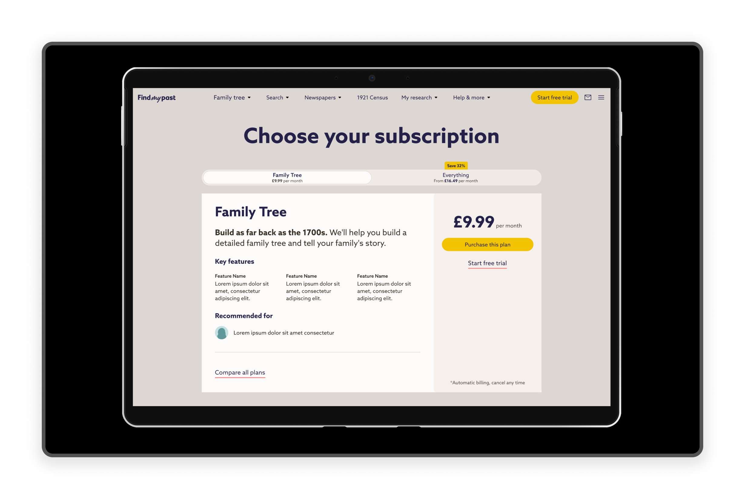 Screen showing the selection that the client can select from to be notified of.