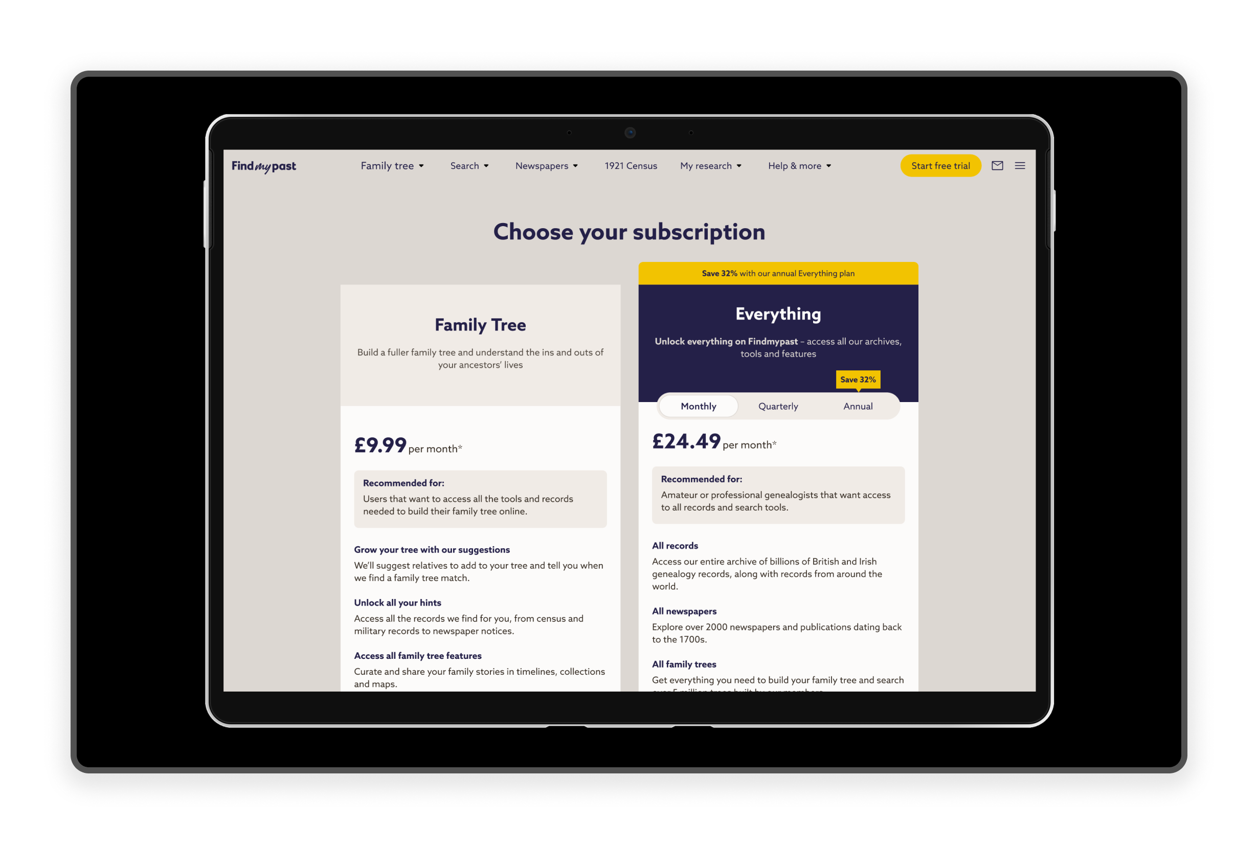 Screen showing the selection that the client can select from to be notified of.
