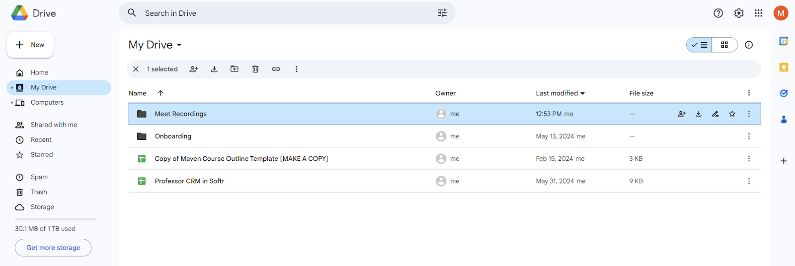 An image showing the Meet Recordings folder in Google Drive.