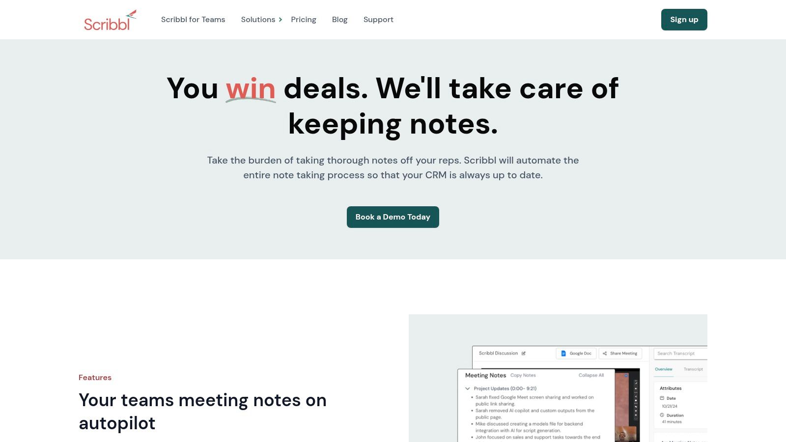 Scribbl For Sales interface showing AI-generated meeting summaries and action items.