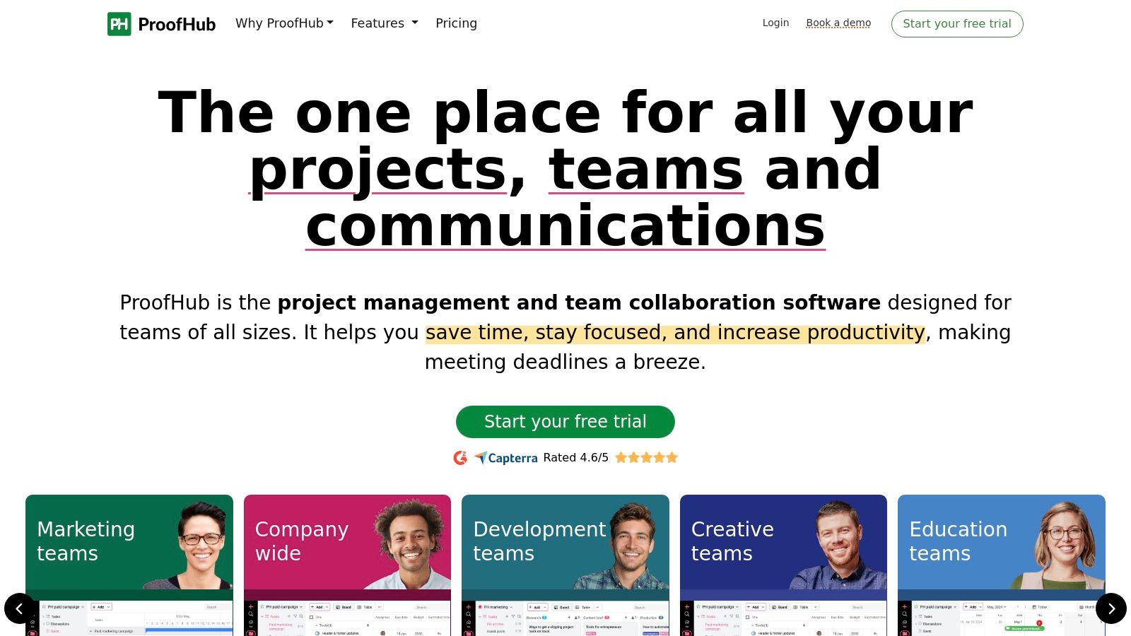 ProofHub dashboard showing task management and team collaboration features