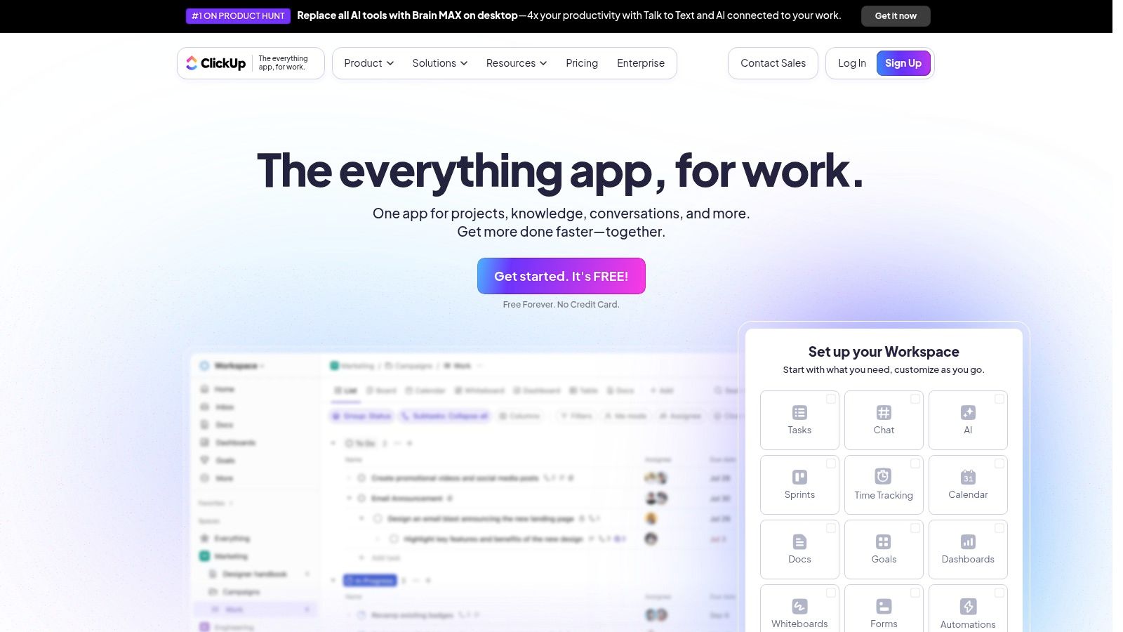ClickUp dashboard showing tasks, custom fields, and different project views.