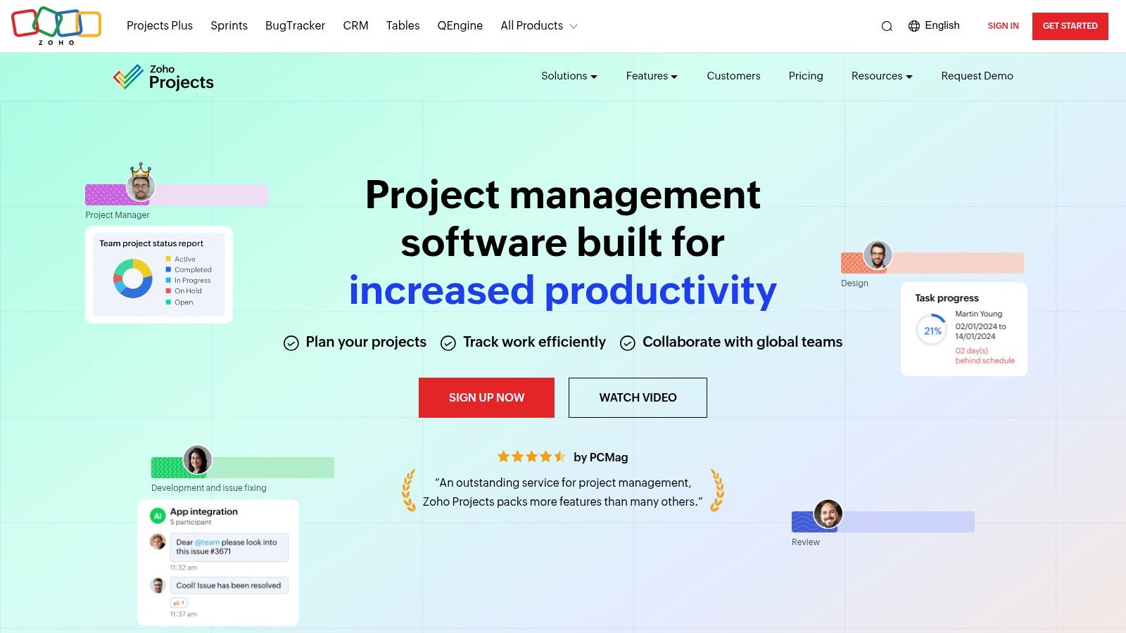 Zoho Projects dashboard showing a project overview with charts and task lists