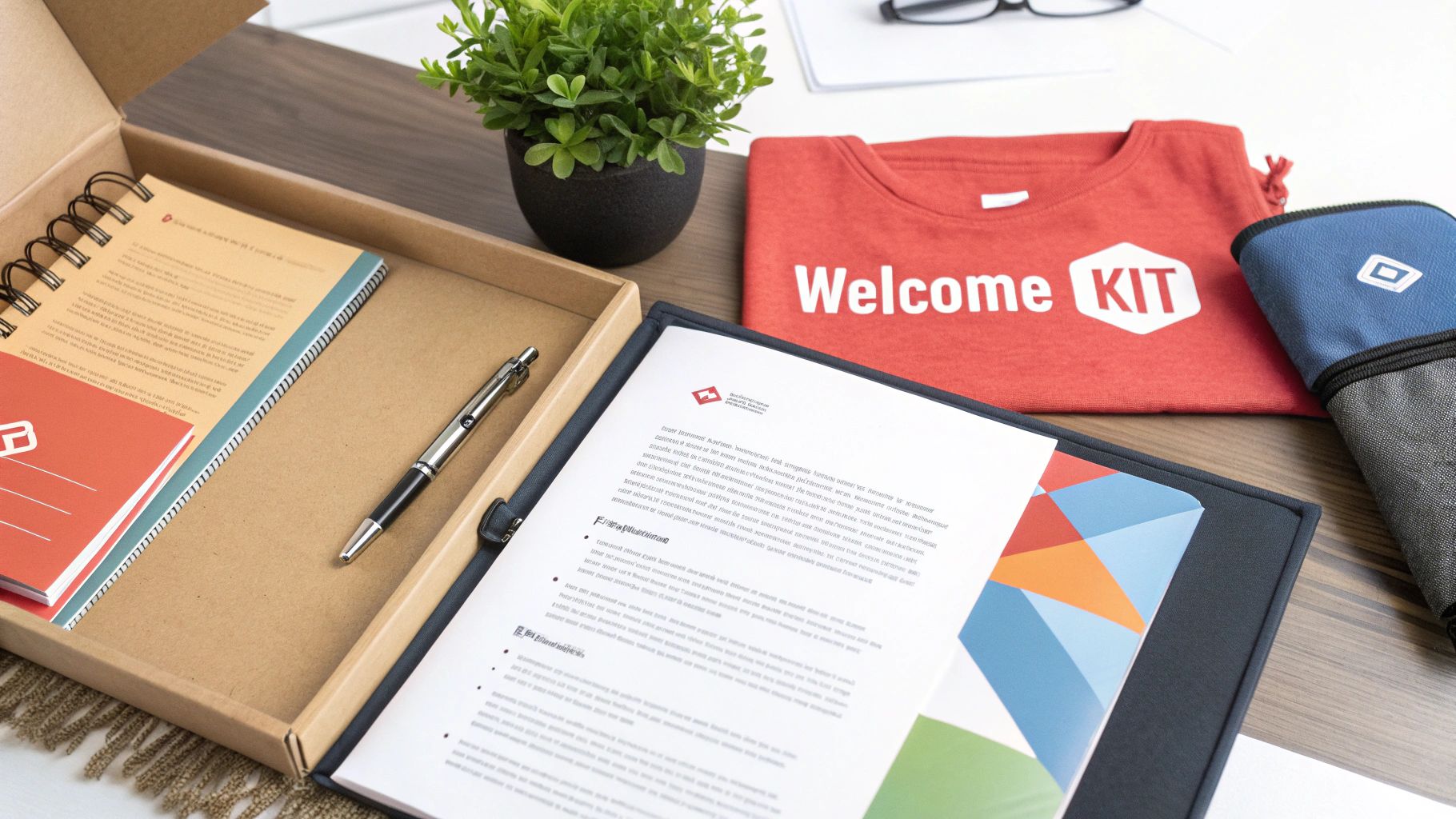 Image of a branded welcome package box containing a laptop, notebook, pen, and coffee mug, symbolizing a comprehensive client onboarding kit.